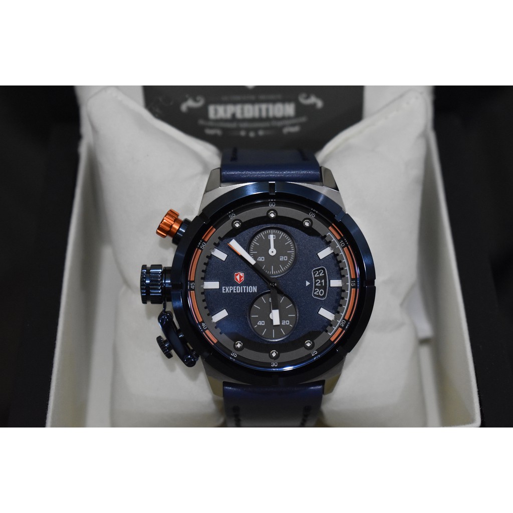 Jam Tangan Expedition Cowok Pria E 6765 MCL E6765 Silver Blue Leather Original
