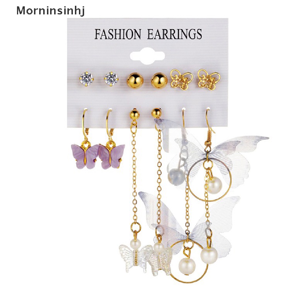 6 Pasang / Set Anting Stud Bentuk Hati Butterfly Aksen Mutiara Warna Emas Untuk Wanita