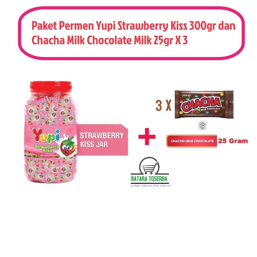 

Paket Permen Yupi Strawberry 300gr + Chacha Milk Chocolate 25gr X 3