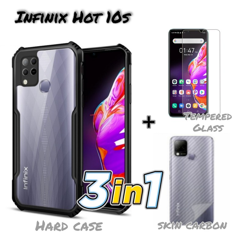 Hard Case Infinix Hot 10s / HOT 10 /Hot 8 / Infinix Hot 9 Tempered Glass Layar dan Skin Carbon