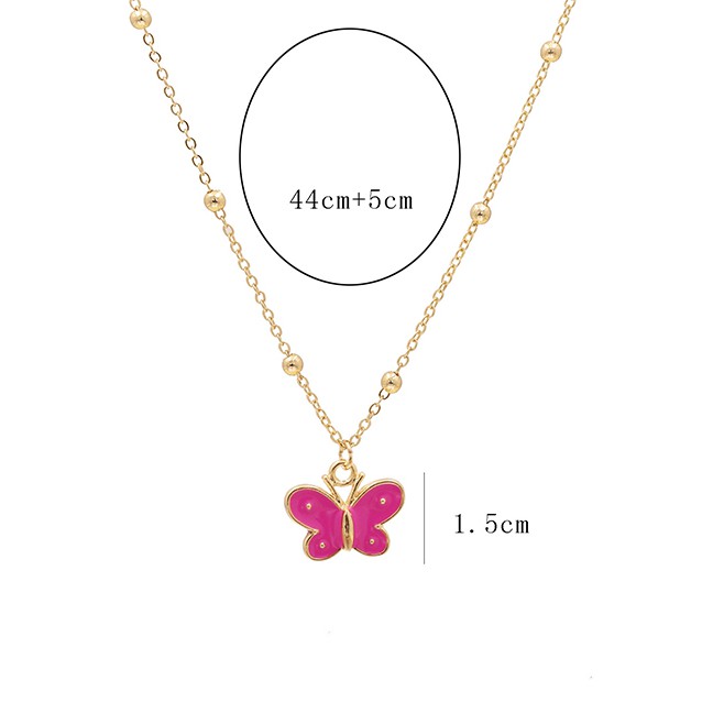 LRC Kalung Fashion 10376 Pink Dripping Oil Bead Butterfly Alloy Necklace