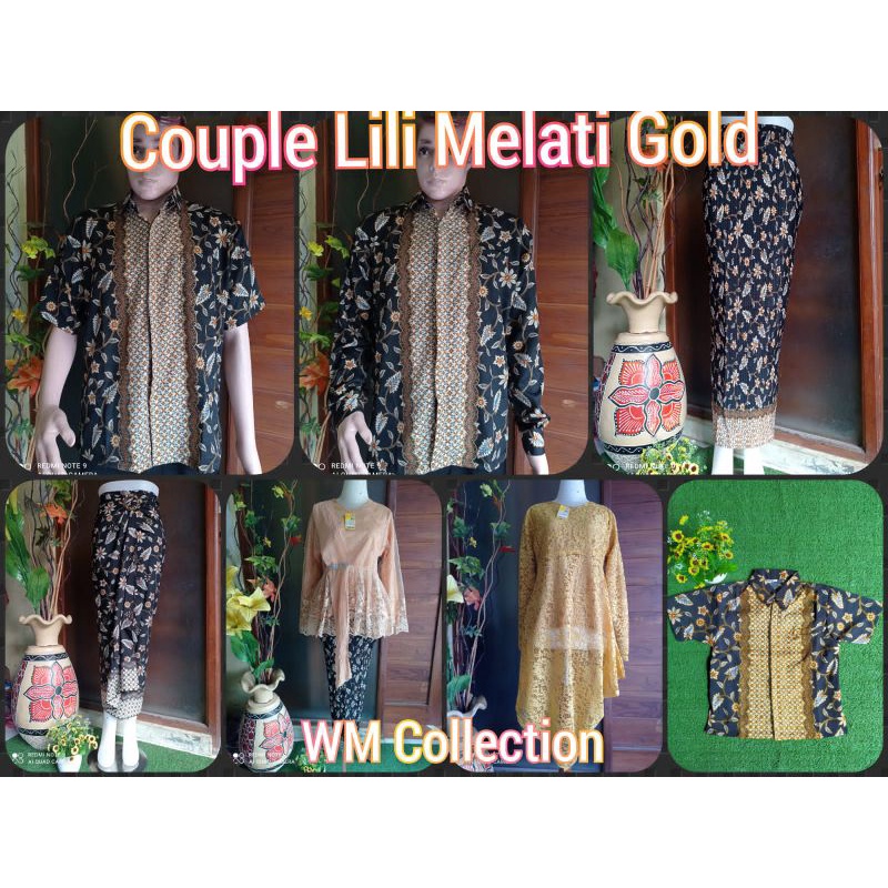 WM>COUPLE KELUARGA BATIK LILI MELATI GOLD/HEM PANJANG DEWASA/ROK PLISKET JUMBO/HEM ANAK/SET SELENDAN