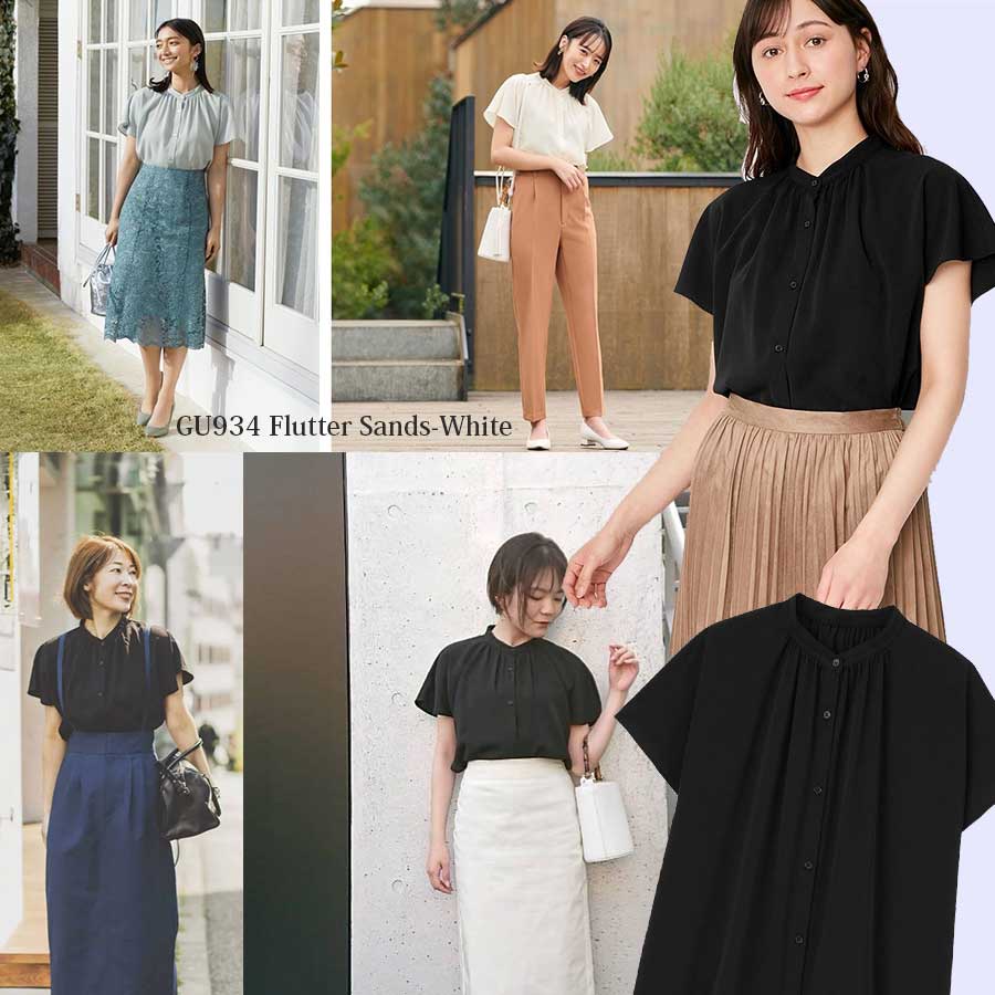 BLOUSE WANITA GU Airy band collar  TANGAN PENDEK-5