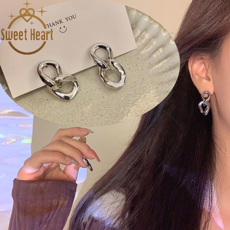 Anting Stud Bentuk Hati Oval Bahan Logam S925 Silver Needle Gaya Retro Korea