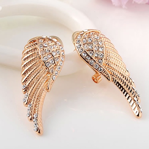 Hu Hu Hu Hu Hu Alat Bantu Pasang Kacamata♡ Anting Tusuk Lapis Emas 9K Model Sayap Malaikat Aksen Kristal Mewah Untuk Wanita