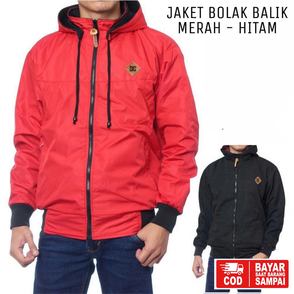 JAKET DC BOLAK BALIK / JAKET MOTOR / JAKET PARASUT HITAM-ABU-MERAH-HITAM