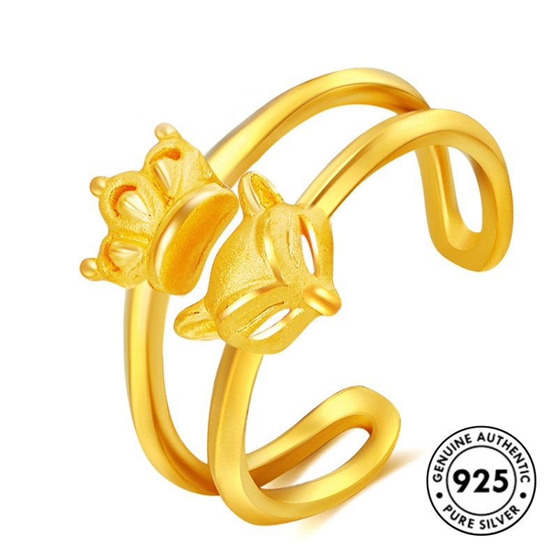 Cincin Lapis Silver 925 Model Terbuka Desain Rubah Mahkota Untuk Wanita