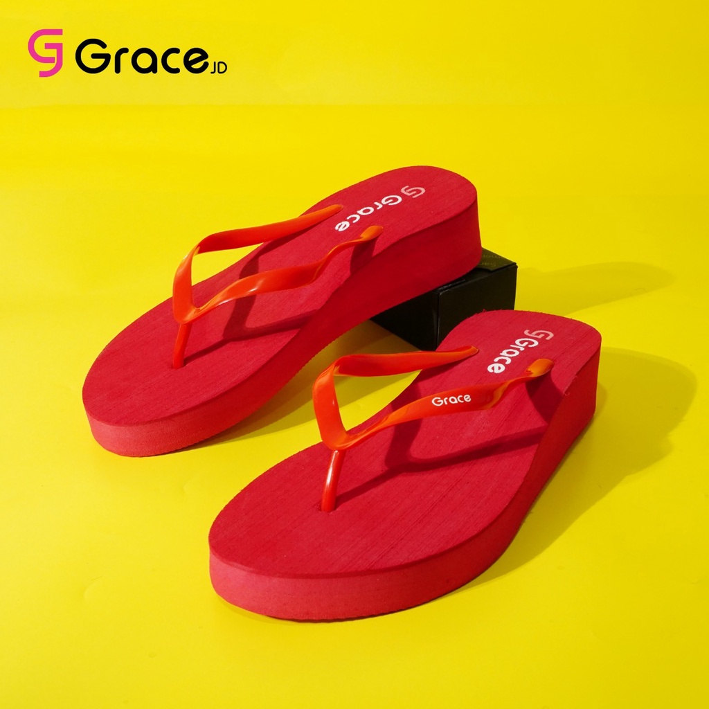 Grace(Black Rose)/sandal hak spon hitam dengan japit polos/Sandal jepit wedges simple wanita helen-MERAH