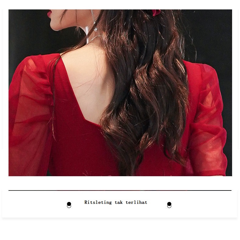 Gaun Malam Merah Anggur Gaun Panjang Lengan Pendek Baru