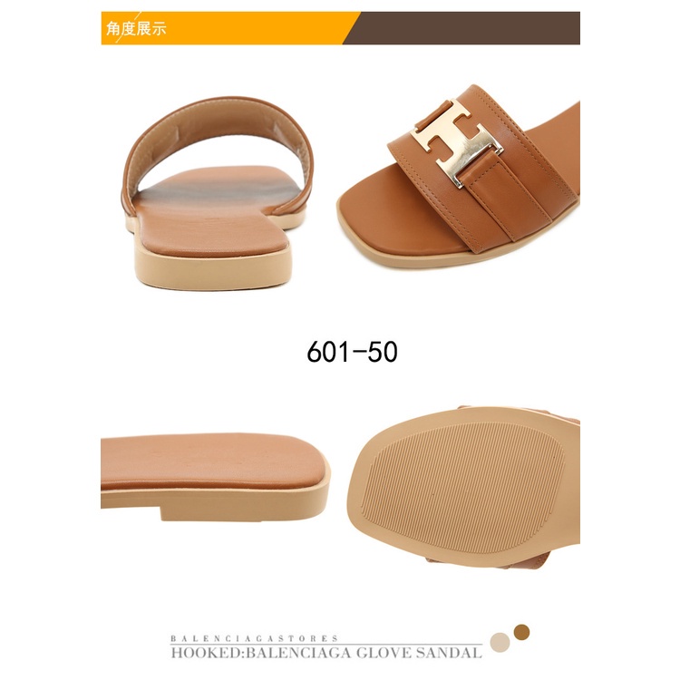 Leather Logo H Flats Sandals  #601-50 New