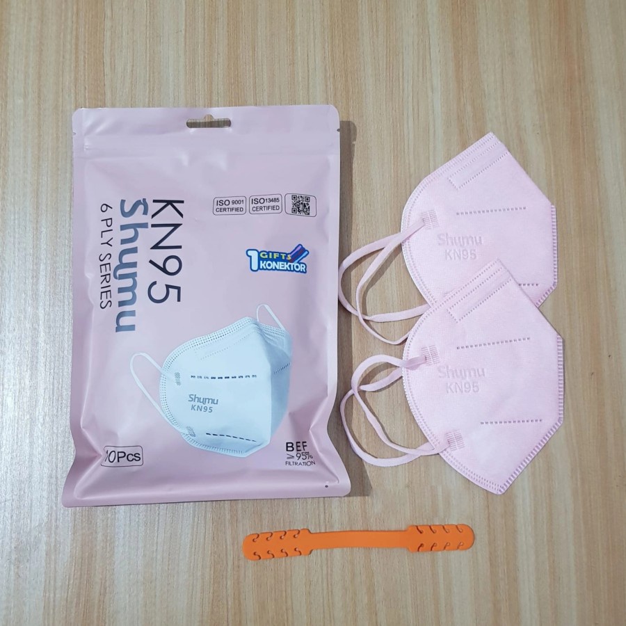 Masker KN95 PINK MUDA / SOFT PINK SHUMU 6 Ply - FREE CONECTOR - 10 Pcs Tali Senada