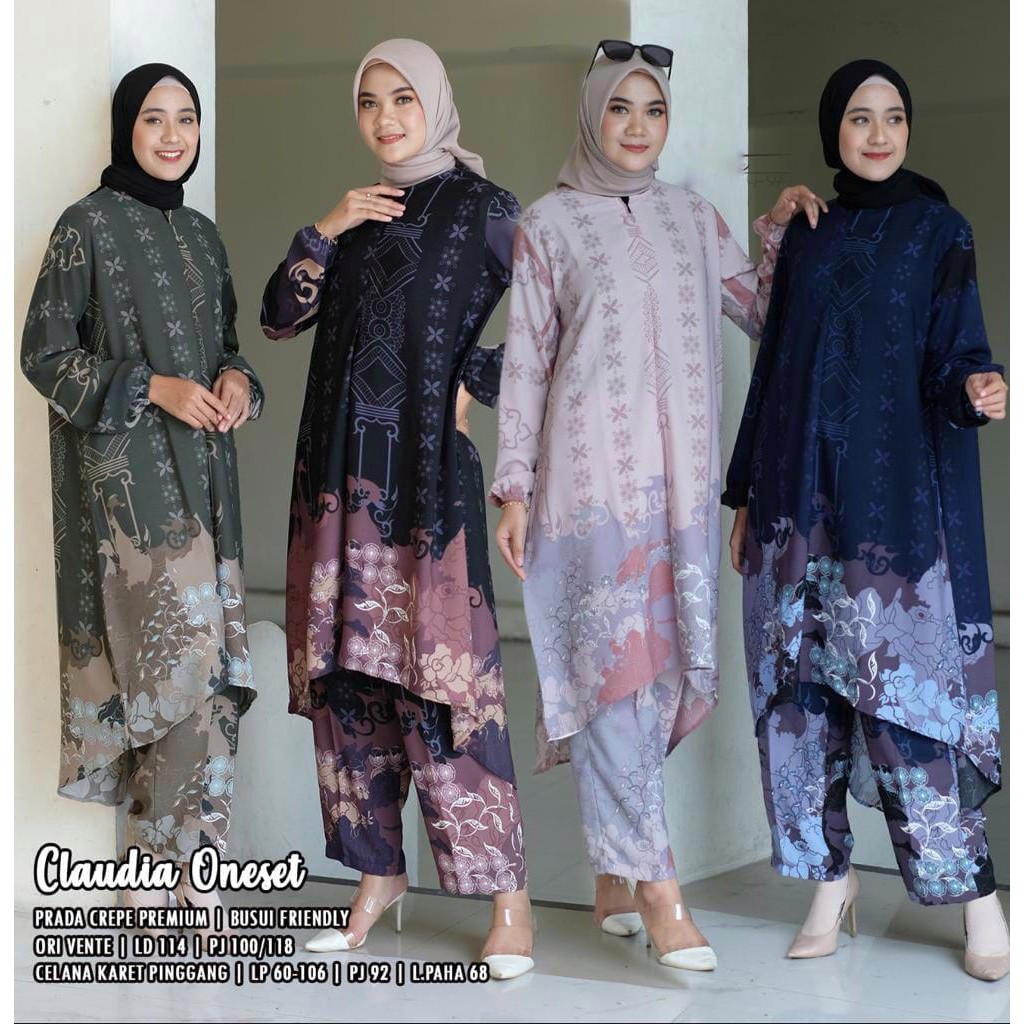 One Set Long Tunik Motif Printing Elegant Formal Prada Crepe Premium Busui Friendly Best Seller