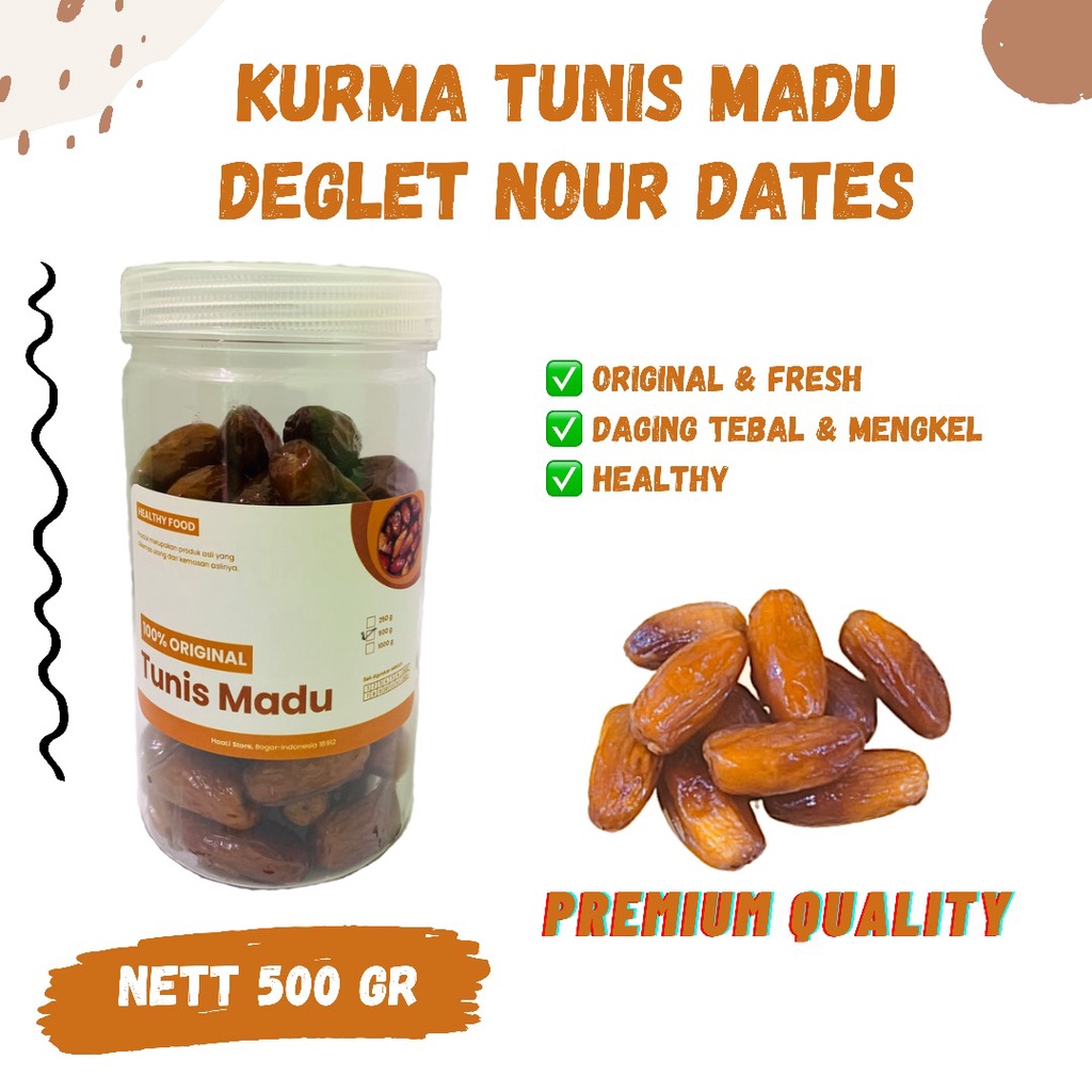 

KURMA TUNISIA MADU 500gr REPACK Korma Tunis Deglet Nour 500 gram Tanpa Tangkai Alger Manis