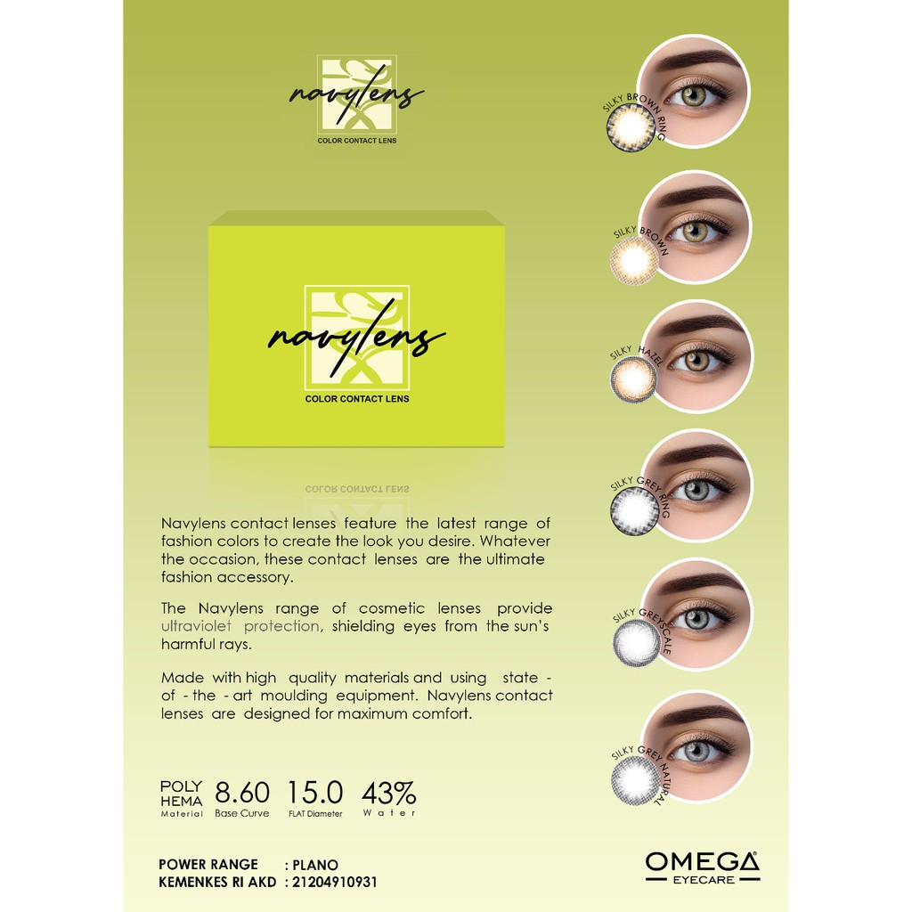 Softlens NAVY LENS BOX GREEN FLAT DIA 15.00mm Silky Omega NORMAL / Softlens/Lensa  Kontak/BS