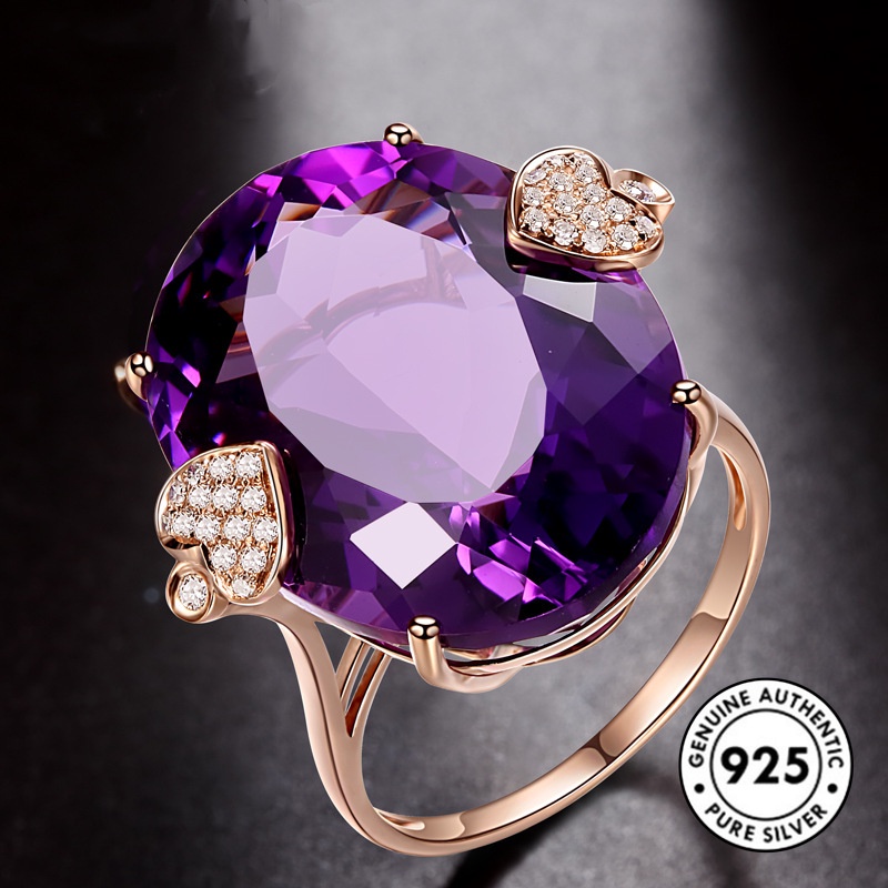 Cincin Sterling Silver 925 Dengan Batu Amethyst Oval Warna Rose Gold Untuk Wanita