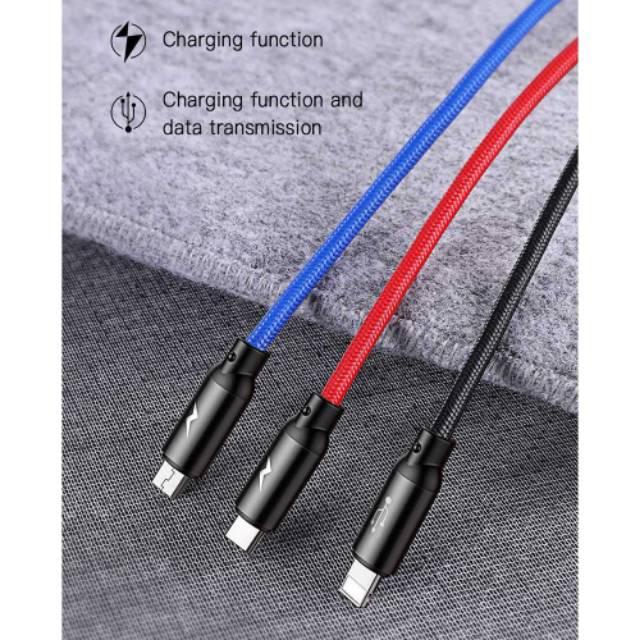 Baseus 3 in 1 Kabel Charger Micro USB + Type C + Lightning 3.5A 1.2M