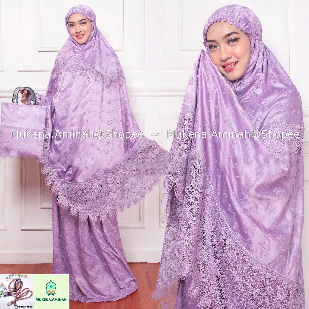 MUKENA DEWASA SUTRA BORDIR PARIS PRADA PREMIUM RENDA KEONG MEWAH WARNA