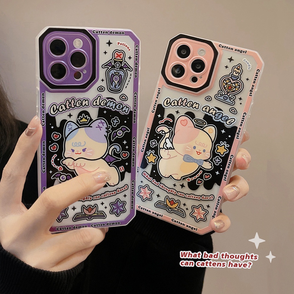 Case Pelindung Penuh Desain Kartun Angel and Demon Cat Untuk Iphone 7 8 PLUS X XR XS 11 12 13 MINI PRO MAX SE 2020