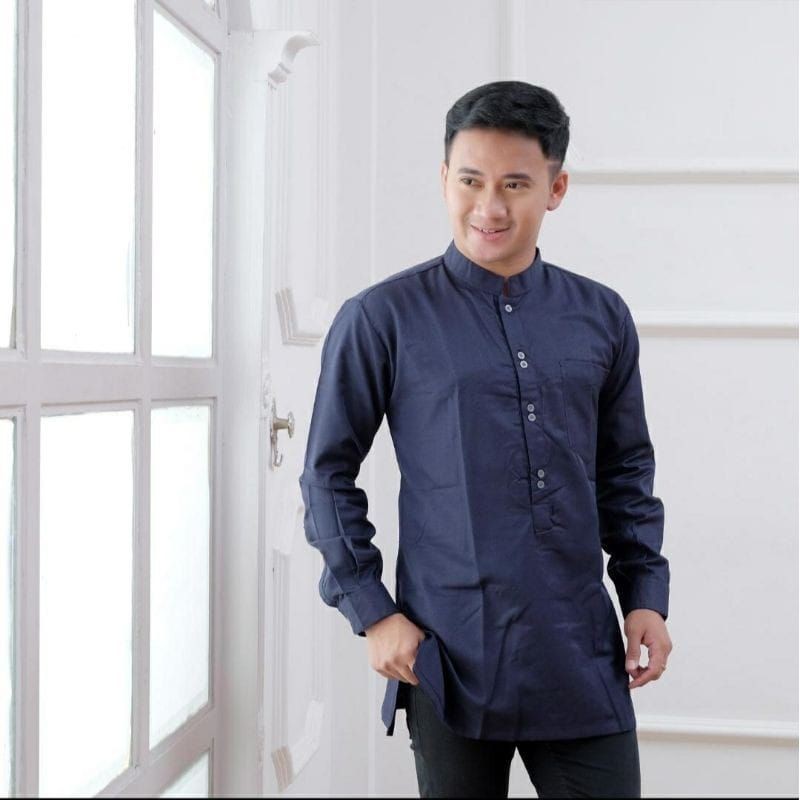 BAJU KOKO KURTA LENGAN PANJANG PRIA DEWASA (MATT KATUN TOYOBO ORIGINAL) SIZE M L XL XXL-Polos Navy