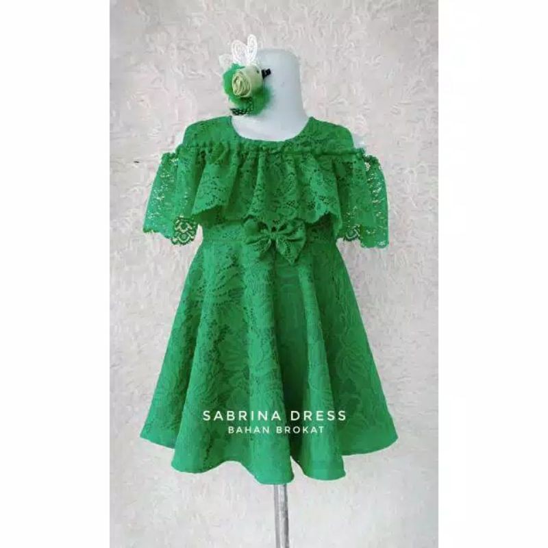 DRESS ANAK & DEWASA SABRINA BROKAT WARNA HIJAU BOTOL"