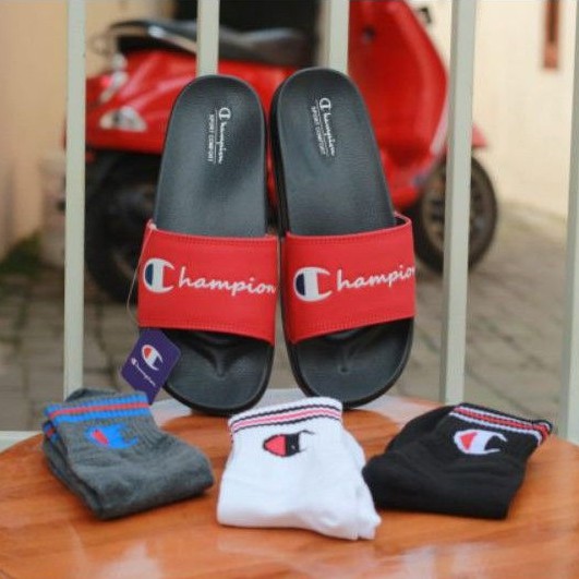Sandal Slide Champion Black Varcity Red Sendal Slop On Pria Wanita Slip On Original