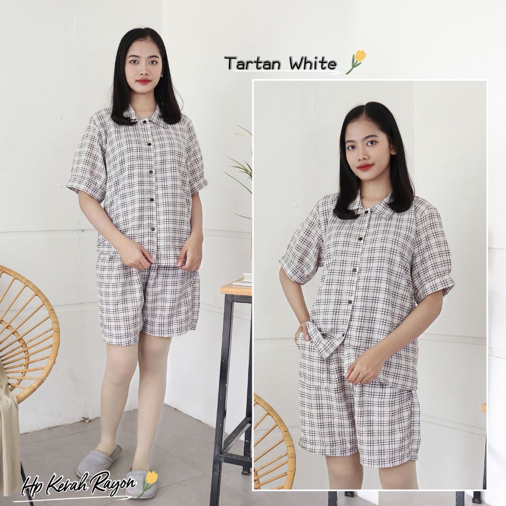 IZANY Piyama Dewasa Hotpant Lengan Balon / HP / Set Celana Pendek Dewasa banyak varian RAYON-TARTAN WHITE RAYON