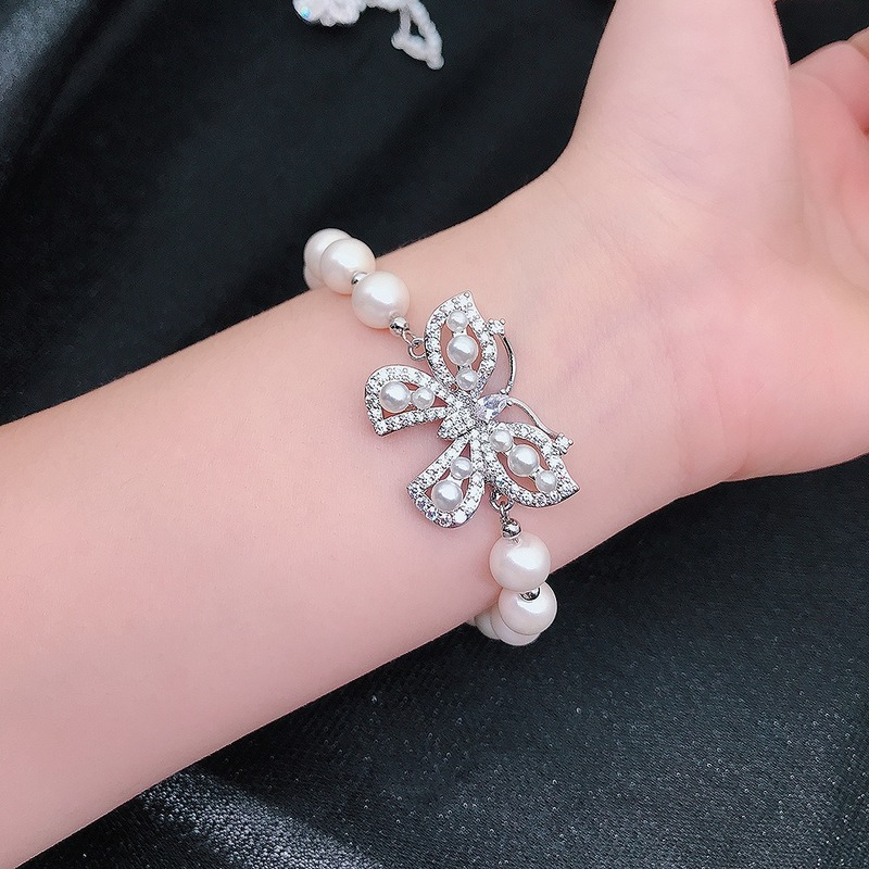 [Ready Stock]Fashion Personality Bow Pearl Bracelet Full Diamond Butterfly Bracelet