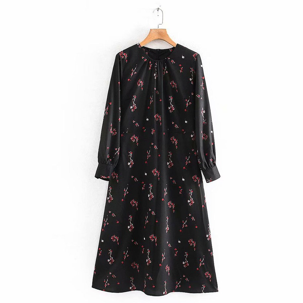 29161 Dress Hitam Panjang Motif Bunga Flower Midi Dress