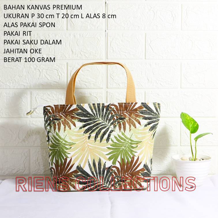 RIENS COLLECTIONS. HANDBAG KECIL BAHAN KANVAS MOTIF FLORAL PALM COKLAT