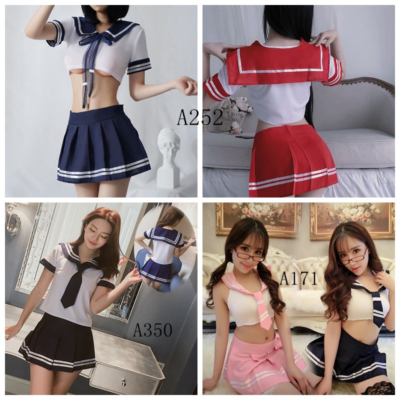 Grosir Linggerie Wanita Sexy Bermain peran siswa Linggerie Seksi Rok Mini Lipit Seragam Cosplay Set (Kombo) A01