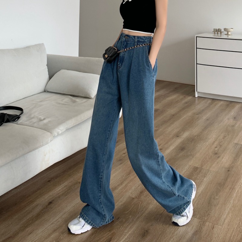 New biru laut high waist murah celana jeans panjang wanita boyfriend kulot