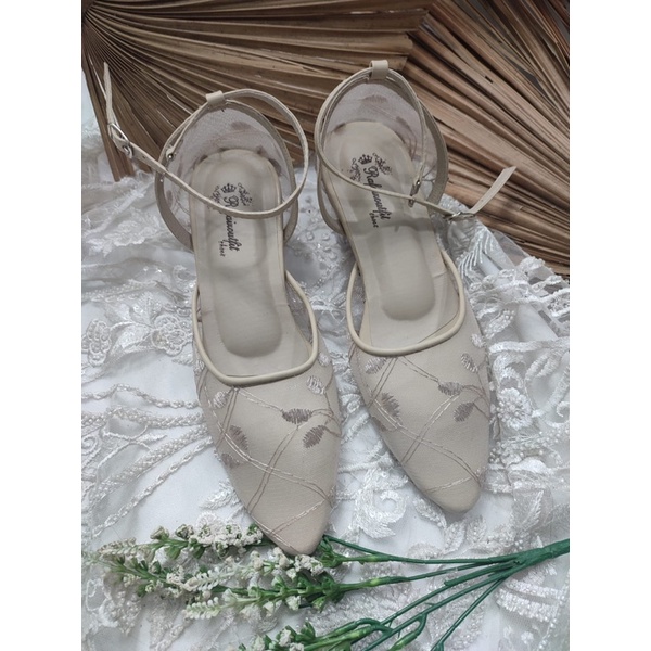 sepatu wanita wedding cream 5cm kaca