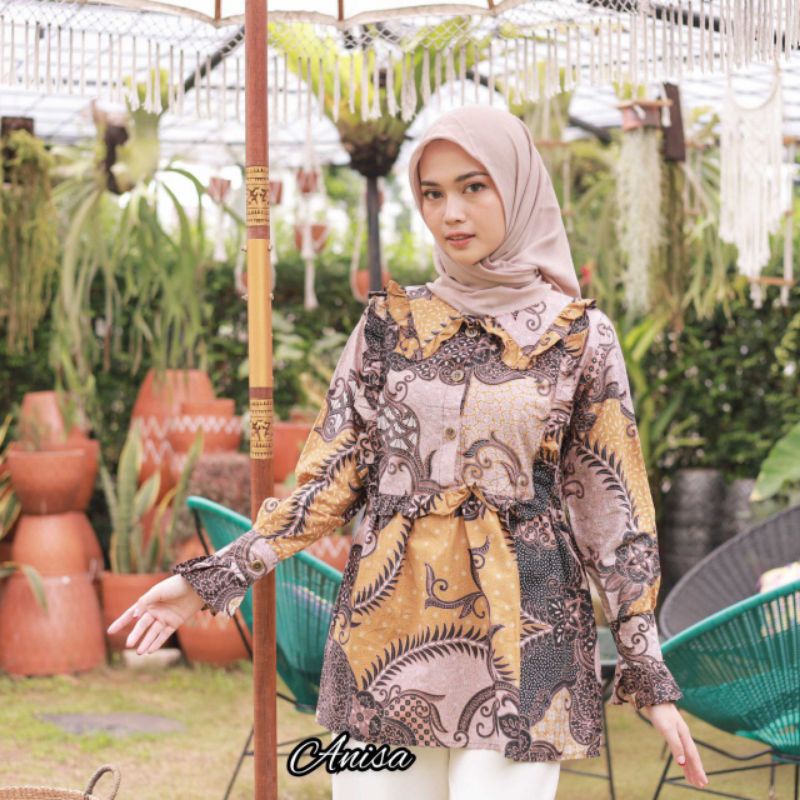 tey-17 Batik wanita ASJ SA HRB026 Kenongo Kemeja Tosca Pendek-Widodari Kate Kuning