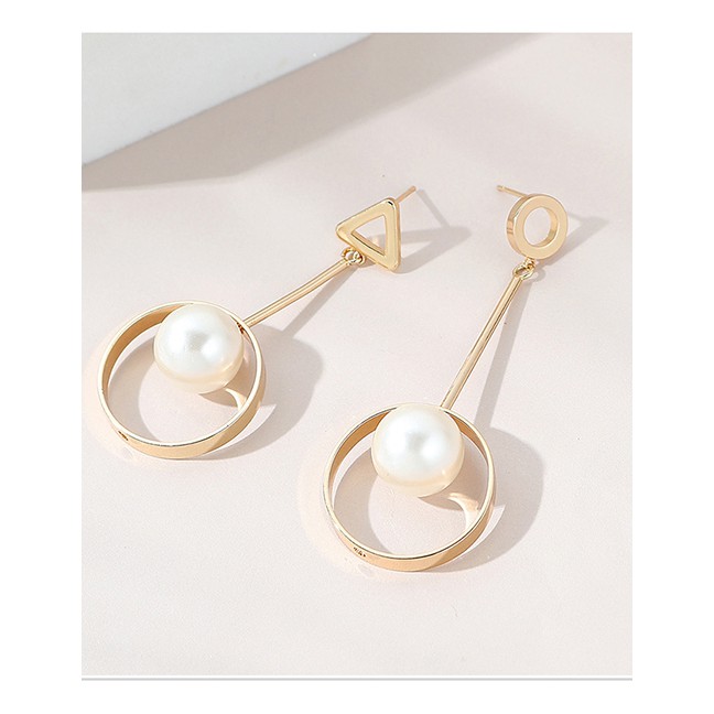 LRC Anting Tusuk Fashion Gold Color Pearl Triangle Round Five-pointed Star Alloy Stud Earrings Y6482