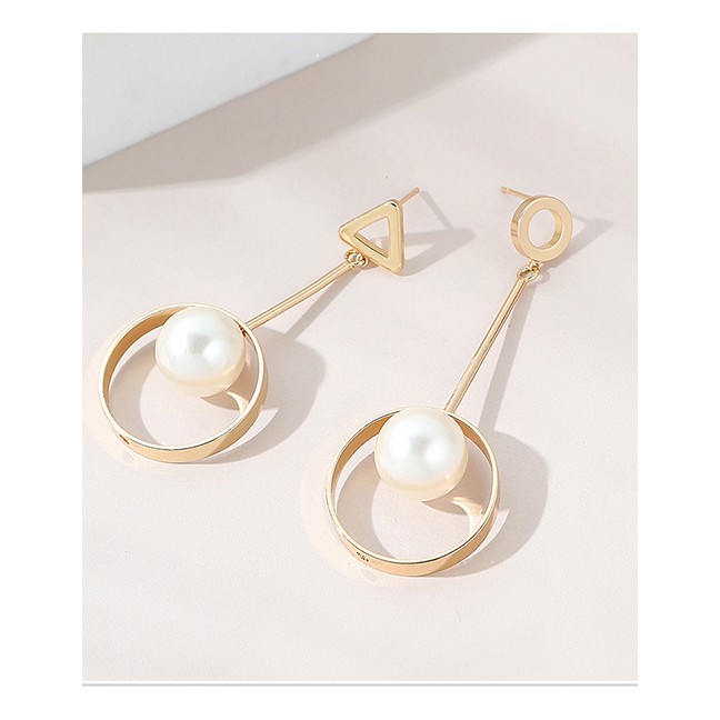 LRC Anting Tusuk Fashion Gold Color Pearl Triangle Round Five-pointed Star Alloy Stud Earrings Y6482