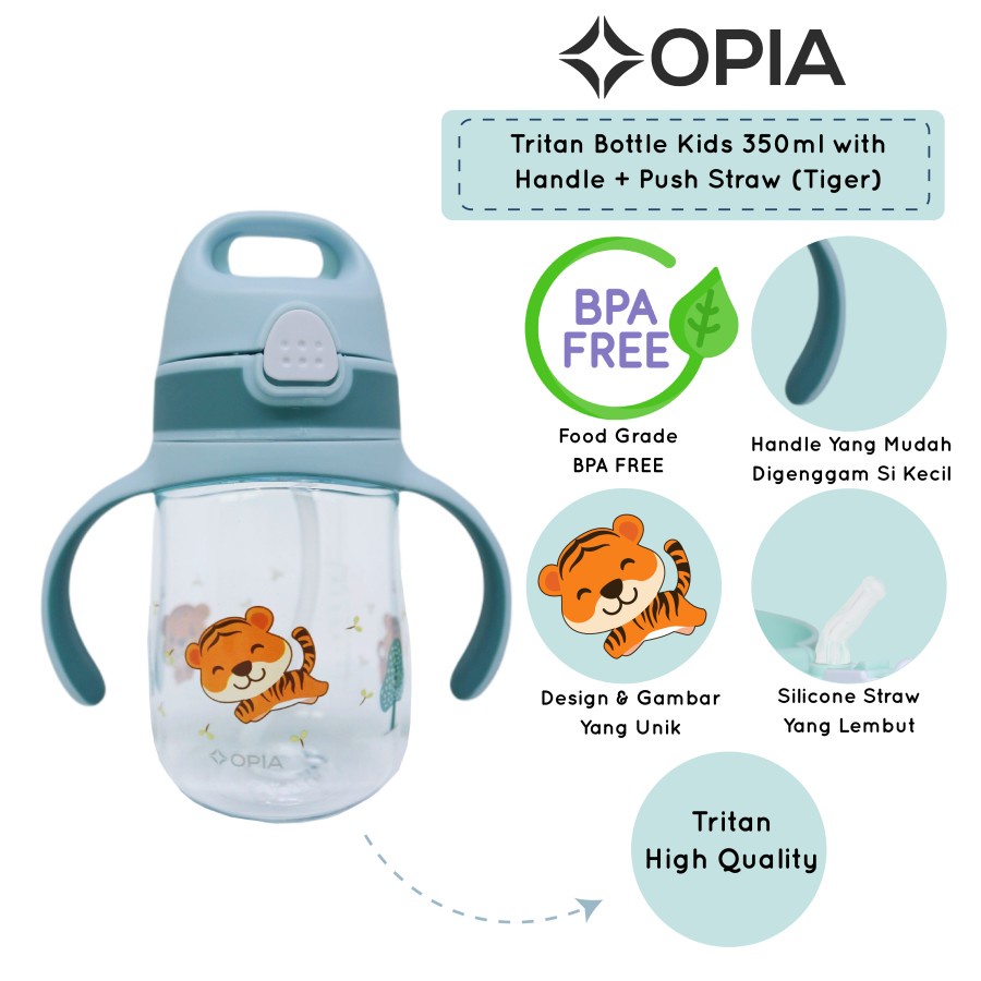 OPIA Tritan Bottle Kids Handle &amp; Push Straw 350ml - Rabbit / Dino - Botol Minum Anak 350 ml