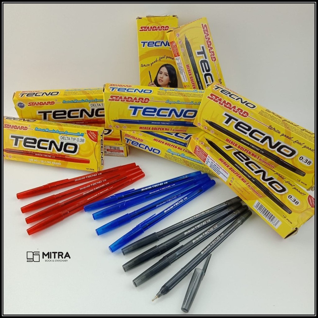 

Bolpen/ Bolpoint/ Pulpen Standard Tecno Warna Hitam, Biru, Merah 0.38