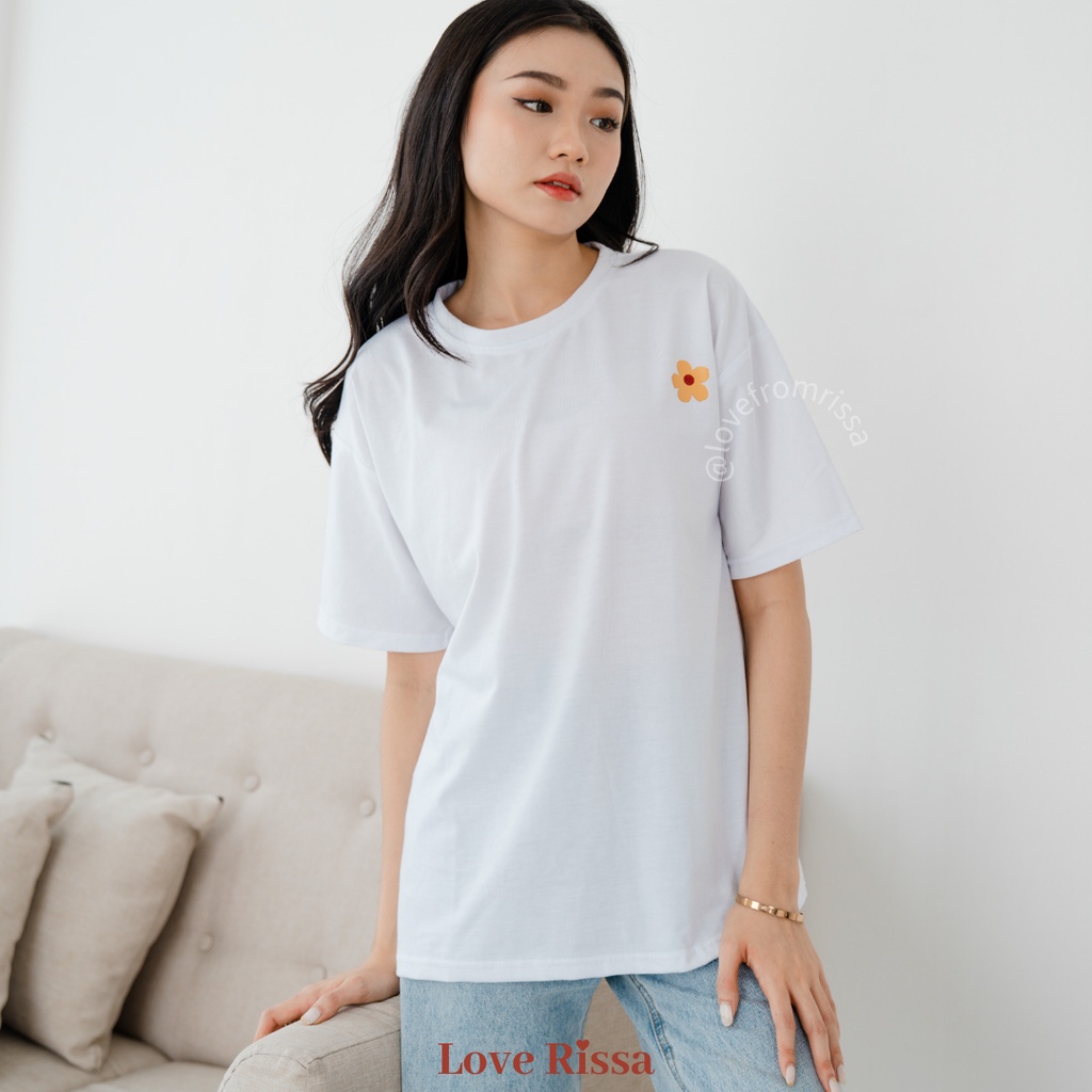 Kaos Tshirt Flower Comfy Oversized Korea Baju Wanita Lengan Pendek Love Rissa