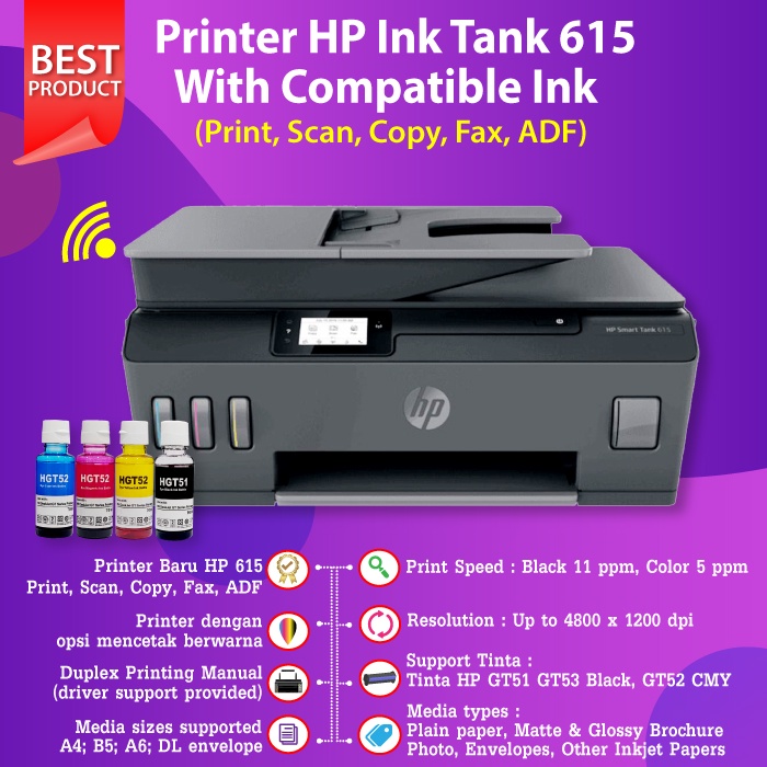 Printer HP Smart Ink Tank 615 WiFi Print Scan Copy Fax ADF Wireless