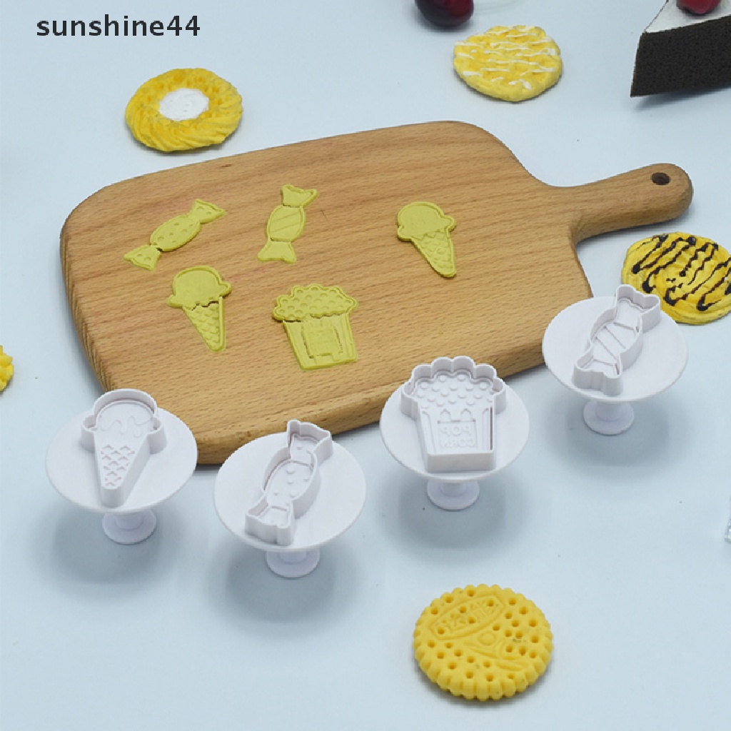 Sunshine 4pcs / Set Cetakan Pemotong Es Krim / Cookies / Popcorn / Permen Dengan Plunger