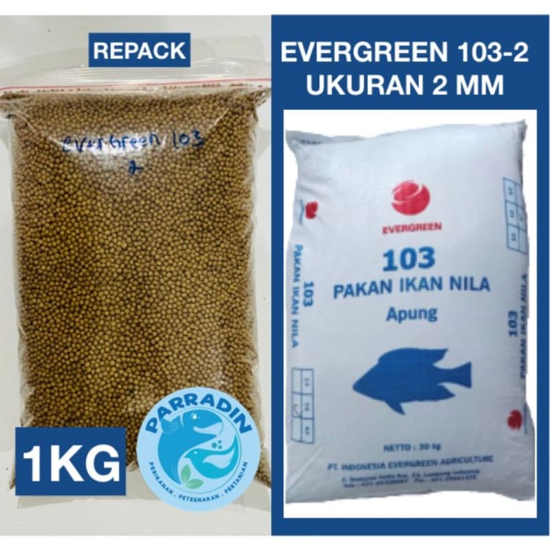 PAKAN IKAN NILA APUNG EVERGREEN 103-2 Repack 1KG Ukuran 2MM