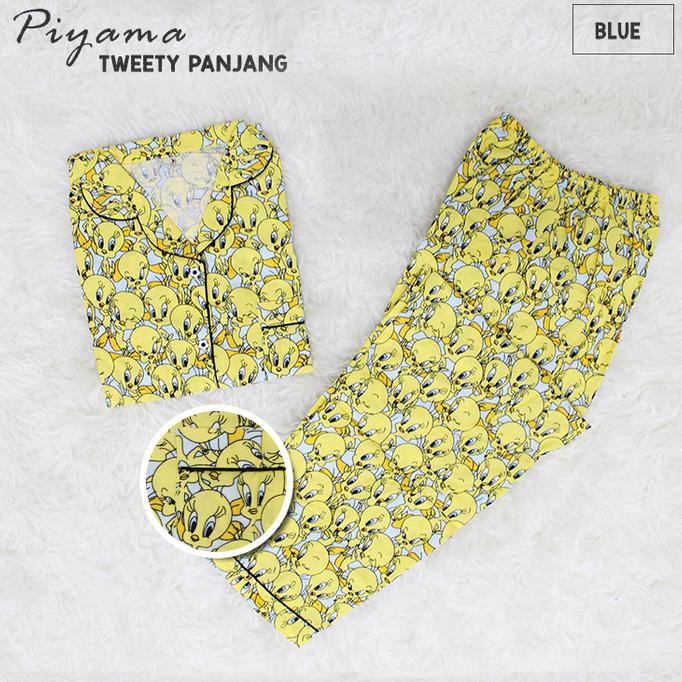 CP TWEETY BIRU BAJU TIDUR WANITA DEWASA PIYAMA CEWE CEWEK MOTIF KATUN - Biru Muda