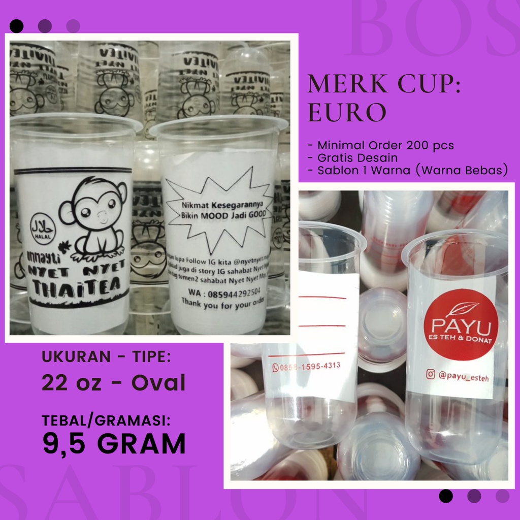 Cup Sablon 22 oz & 18 oz -  Oval - Minimum Order 200 pcs - Merk Cup Euro