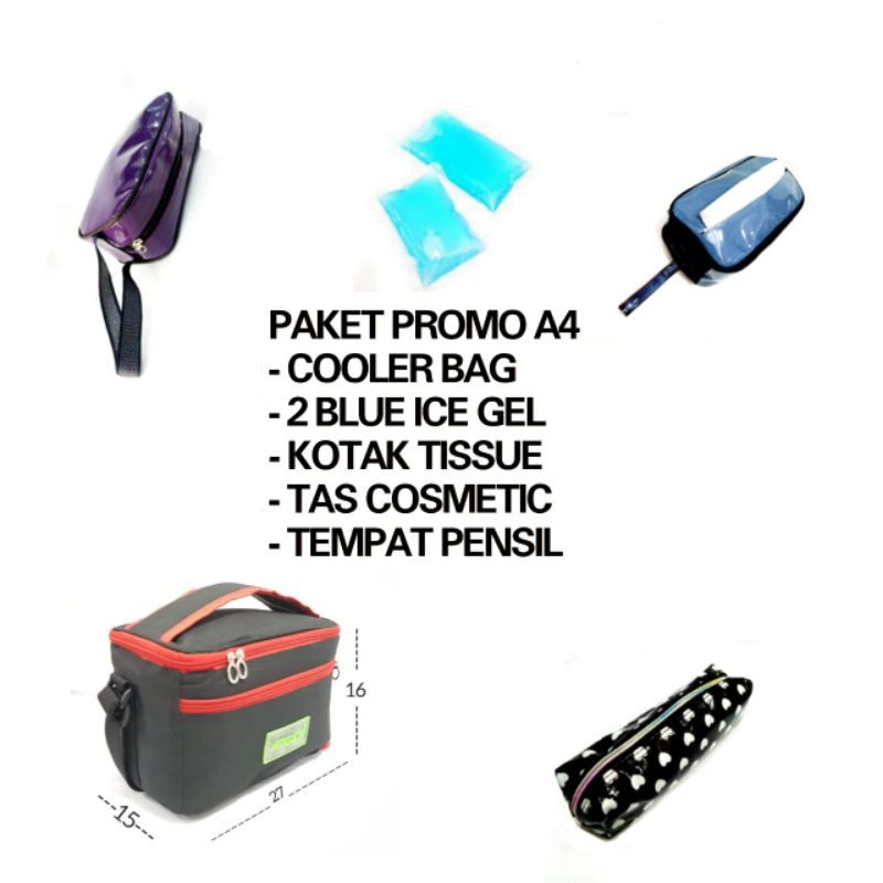 PROMO PAKET A4 , COOLER BAG ARGEN + 2 BLUE GEL + 1 TEMPAT PENSIL + 1 TAS COSMETIC + 1 TAS TISU sy66