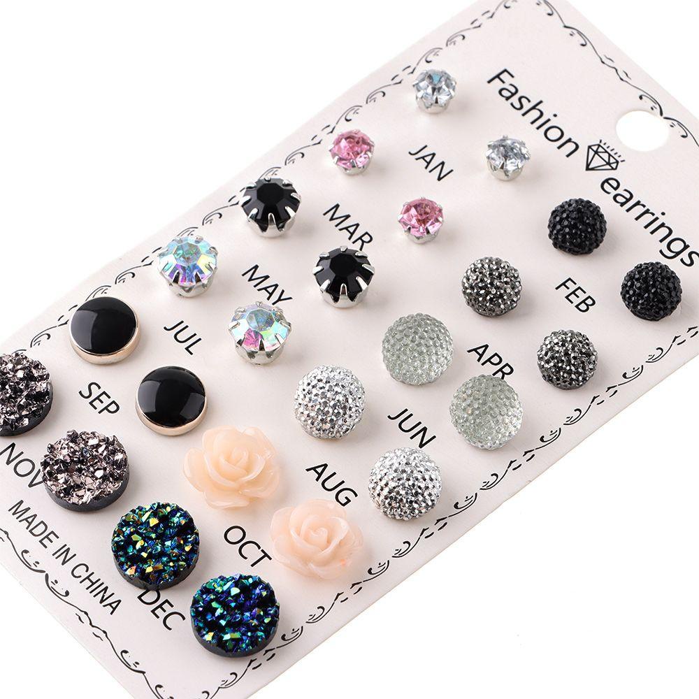 R-flower Stud Earring Berlian Imitasi Fashion Hadiah 12pasang