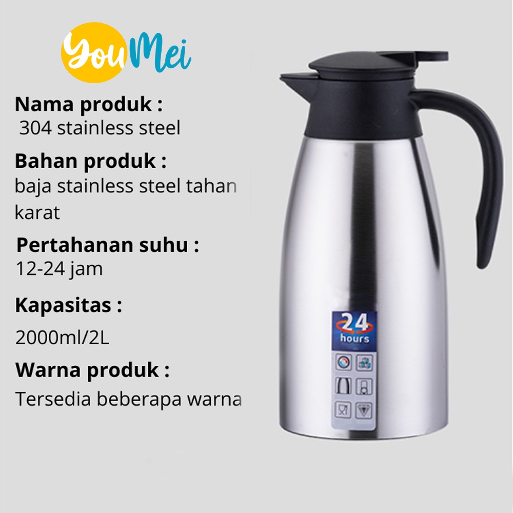 Termos air  stainless steel panas dingin 2 liter awet berkualitas kedap udara termurah merah silver - 1058