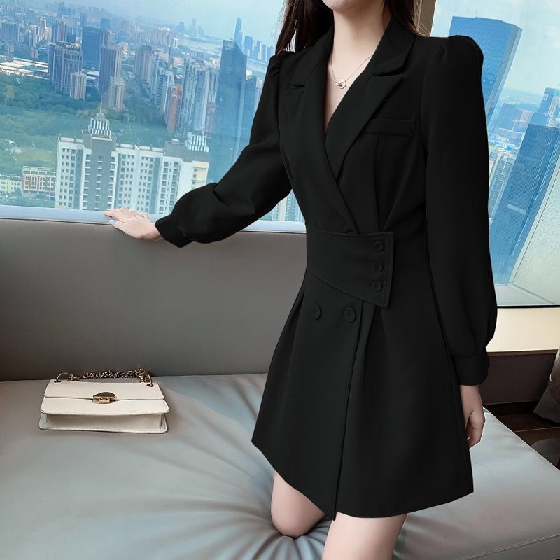 Suit collar long sleeve dress women's 2021 spring and autumn new small Korean design sense windbreak