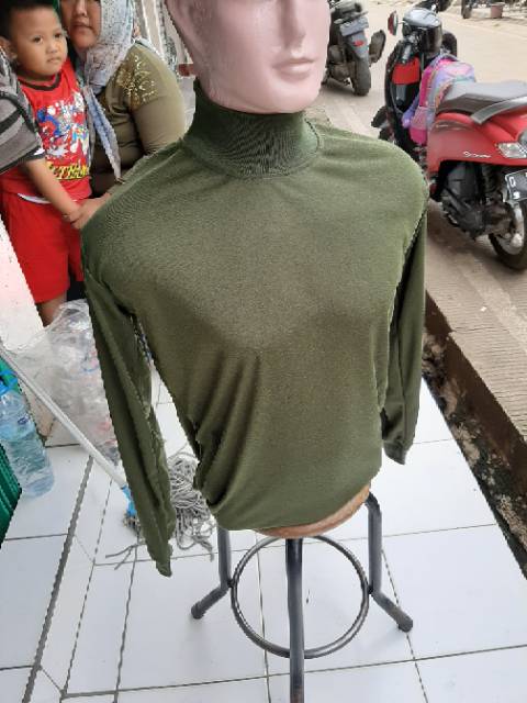 Kaos Kerah Tinggi Turtleneck Lengan Panjang/Kaos Hijau Polos Lengan Panjang