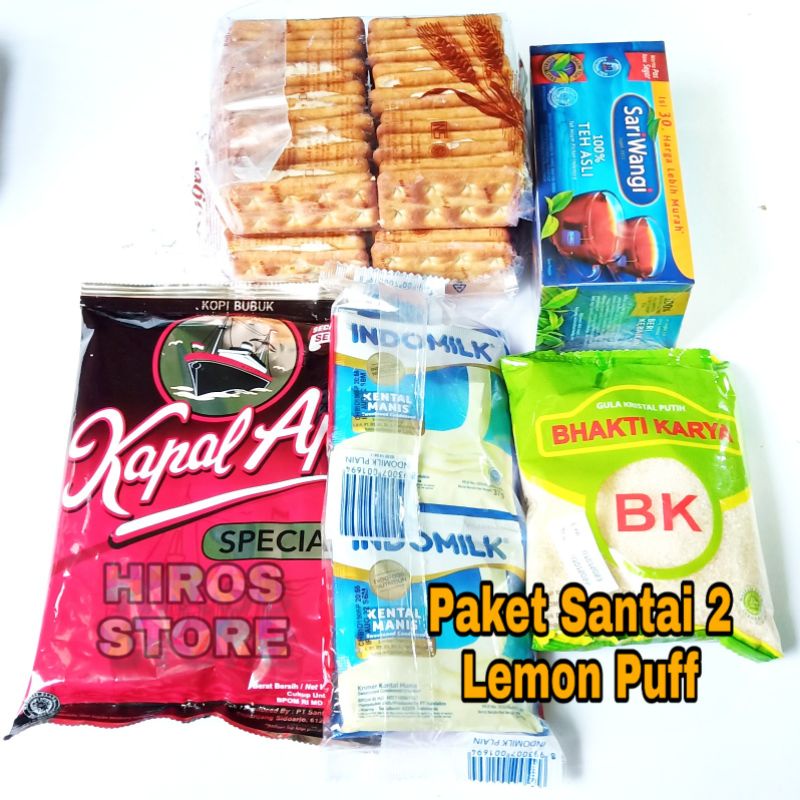 

Paket Santai 2 • Biskuit Lemon Puff Kogen • Kopi Kapal Api • Teh Sariwangi • Susu Indomilk • Gula Pasir • Hiros Store.