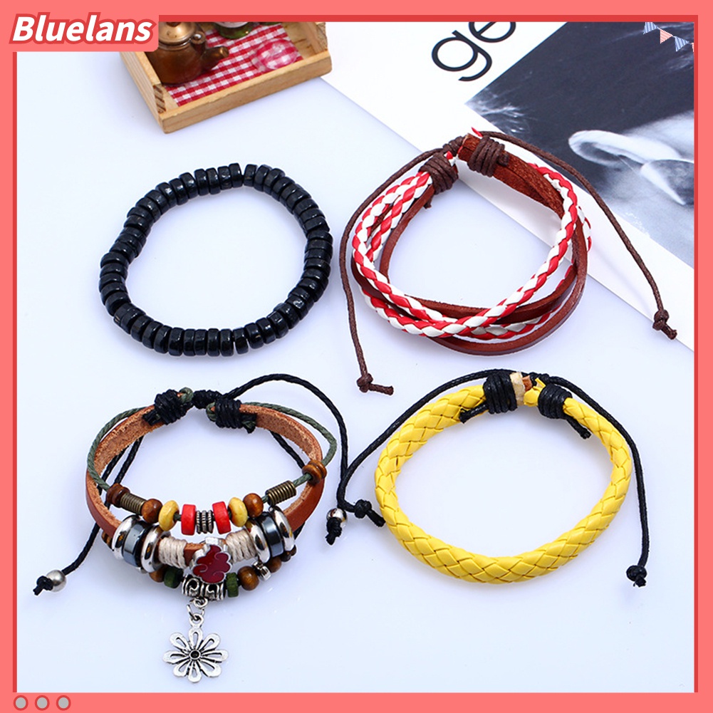 4pcs / Set Gelang Multilayer Bahan Kulit Imitasi Aksen Manik-Manik Kayu Gaya Retro Etnik Untuk Wanita